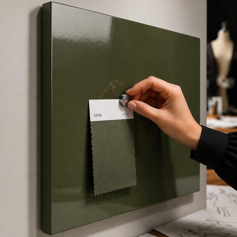 May include: A square, olive green magnetic board with a glossy finish. A hand is placing a small white card with the word "SATIN" and a swatch of olive green fabric onto the board. The board is mounted on a light gray wall.