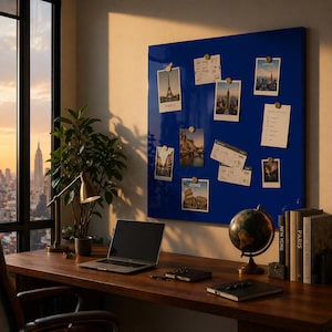 May include: A home office scene with a dark wooden desk, a laptop, and a globe. A blue magnetic board displays travel photos and notes. A window offers a cityscape view. A desk lamp and potted plant add to the decor.