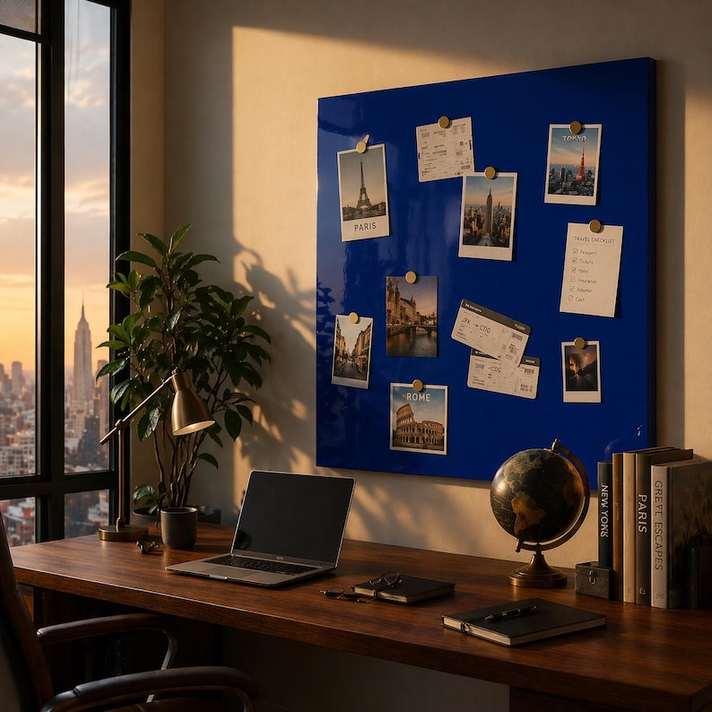 May include: A home office scene with a dark wooden desk, a laptop, and a globe. A blue magnetic board displays travel photos and notes. A window offers a cityscape view. A desk lamp and potted plant add to the decor.