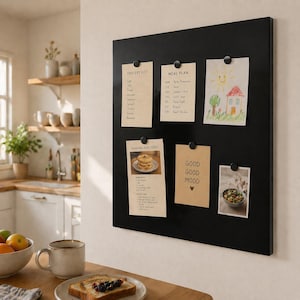 May include: A black magnetic board with several notes and pictures attached. The notes include a grocery list, meal plan, and a recipe for banana pancakes. A drawing of a house and the words "Good Good Mood" are also visible.