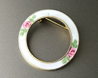 Vintage Enamel Circle Infinity Brooch - Hand Painted Pink Red Roses Enamel Gold Tone Pin