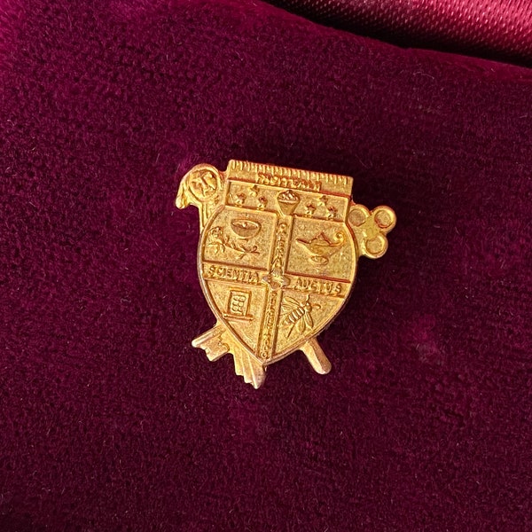 Vintage Fraternity Sorority Shield Crest Enameled Pin Brooch - 10K Gold - Masonic Symbols