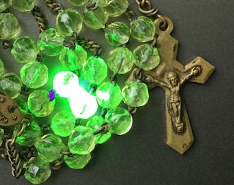 RARE Green Uranium Vaseline Glass 1800s Antique French Rosary with a Brass Wheat Chain and Brass Crucifix