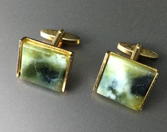 Gorgeous Jade Cufflinks in Rectangle Gold Tone setting - Large MCM Chunky Cuff Links - #w04B19