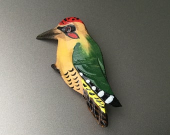 Carved Wood Hand Painted Woodpecker Flicka Bird Brooch