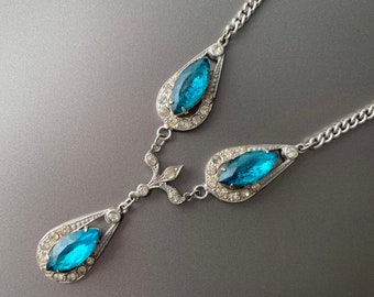 Gorgeous Art Deco Blue Rhinestone Teardrop Festoon Necklace - Prong Set & French Paste Stones and Fleur de Lis