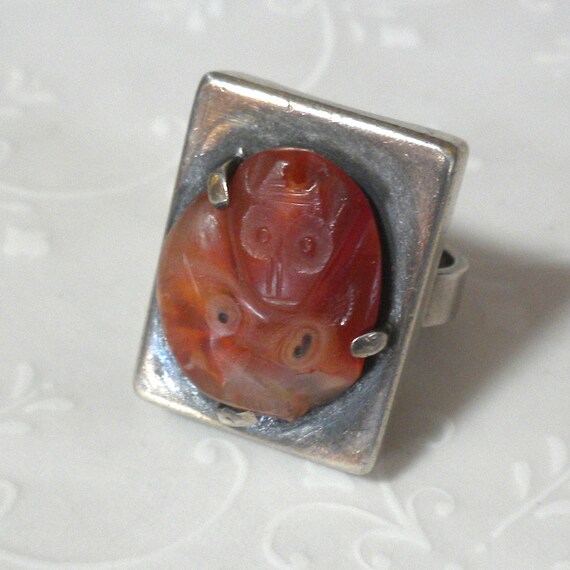 Antique Carved Agate Sterling Silver Art Deco Rin… - image 10