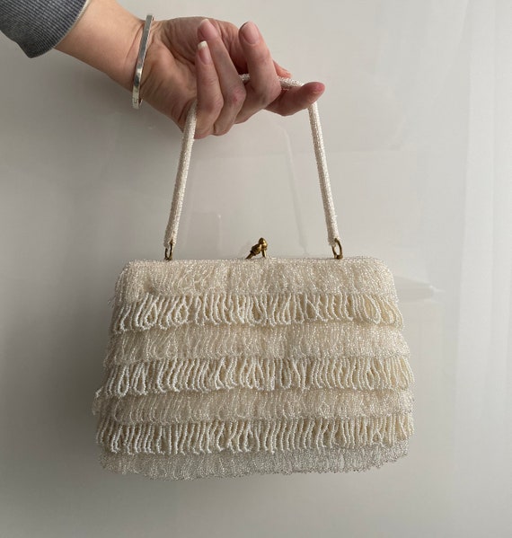 Exquisite Vintage White Hand Bag Beaded Fringe Ev… - image 2