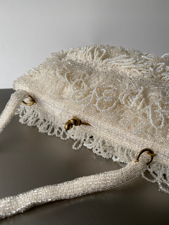 Exquisite Vintage White Hand Bag Beaded Fringe Ev… - image 8