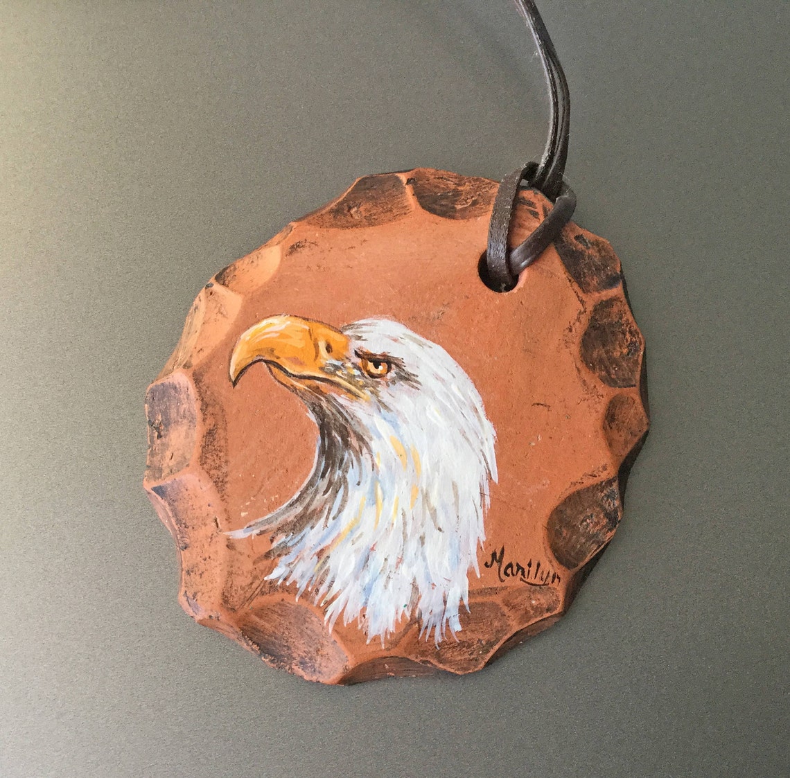 Hand Painted Bald Eagle Clay Pendant Necklace by Marilyn on Etsy