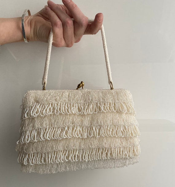 Exquisite Vintage White Hand Bag Beaded Fringe Ev… - image 10