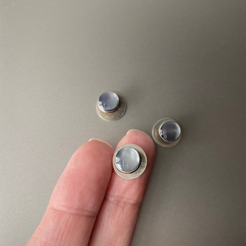 Round Collar Buttons with Silver Tone Edge Gray Moon Glow Tuxedo Shirt Studs