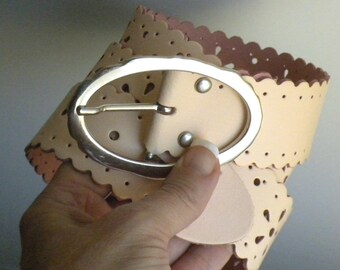 Punched Leather Belt - Oval Silver Buckle - Women's Rose Gold Pink Belt - Size M