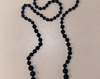 Vintage Hand Knotted Graduated Genuine Black Onyx Beaded 34” Opera Necklace