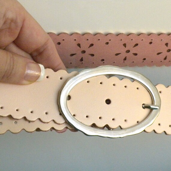Punched Leather Belt - Oval Silver Buckle - Women… - image 3