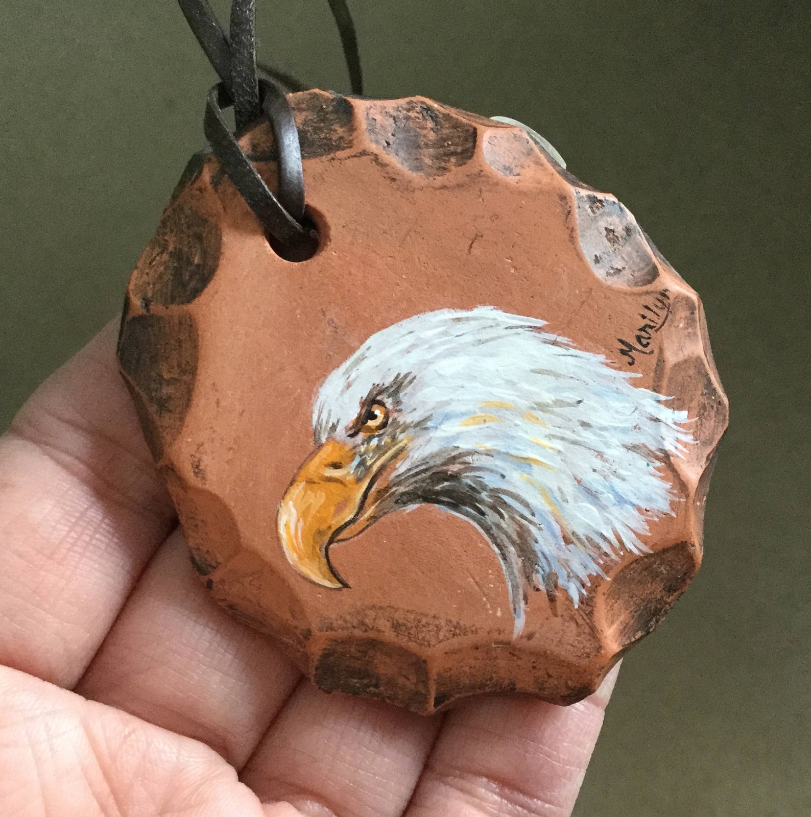 Hand Painted Bald Eagle Clay Pendant Necklace by Marilyn on Etsy
