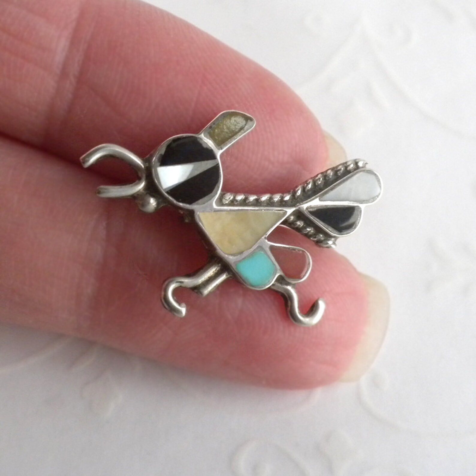 Native American Indian Road Runner Brooch Zuni Inlaid Turquoise Onyx