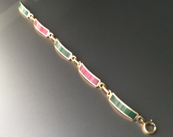 Vintage Red and Green Champlevé Enamel Bracelet - Signed W.E.H. by Walter E Hayward