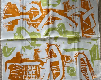 Vintage Abstract Green & Brown Swiss Silk Scarf - Hand Rolled Edge - MCM 1960s