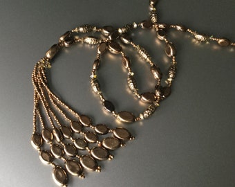 Signed HOBÉ Bronze Beaded Tassel Necklace - Vintage Designer Glass and Crystal Necklace