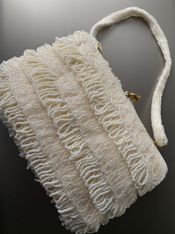 Exquisite Vintage White Hand Bag Beaded Fringe Ev… - image 1