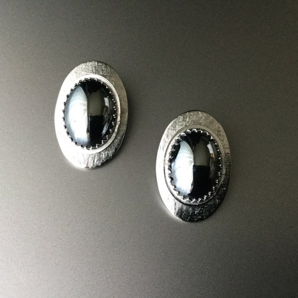 Whiting and Davis Designer Signed Oval Hematite Clip Back Earrings - Vintage Mid-Century Earrings