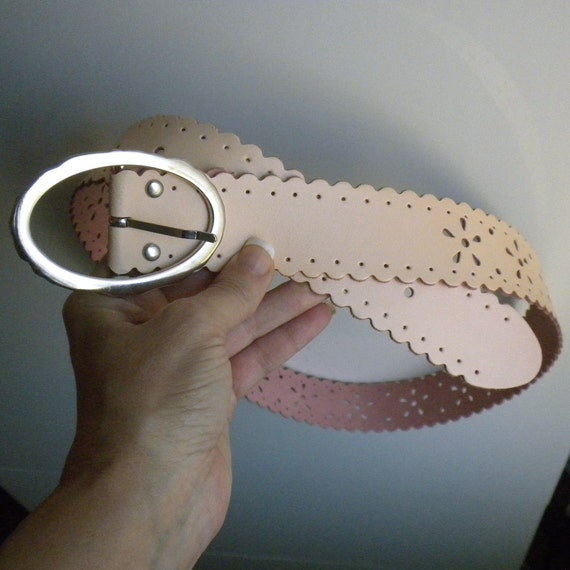 Punched Leather Belt - Oval Silver Buckle - Women… - image 4