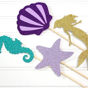 Mermaid tails and Seashells Glitter Centerpiece Sticks Under the sea Set of 4 image 2