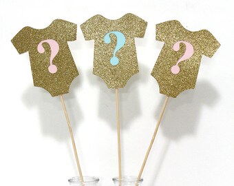 Gender Reveal Onesie Centerpiece sticks - Gold or Silver Glitter - Baby Shower -  Set of 3 (double sided)