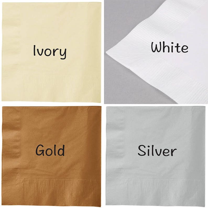 May include: Four napkins in different colors: ivory, white, gold, and silver. Each napkin has the color name printed on it.