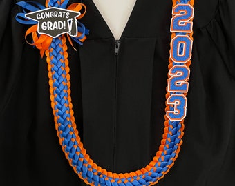 2024 Graduation Leis - Double Braided Ribbon Lei - Class of 2024 - Personalized graduate name, custom school colors - satin ribbon lei