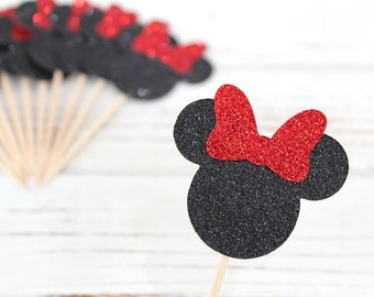 Minnie Mouse Inspired Glitter Cupcake Toppers - Set of 12