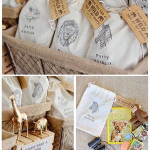 PARTY ANIMALS Muslin Favor Bags -  Set of 10, size 5&quot; x 8&quot; - Jungle Safari, Safari Animals, Wild Animals