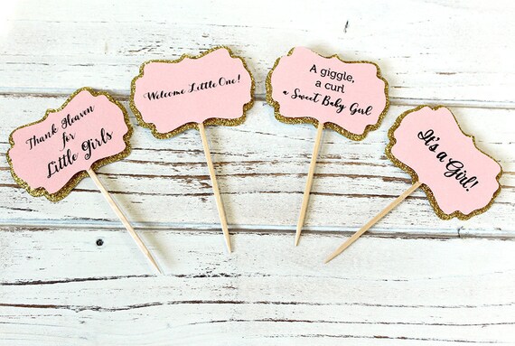 Baby Girl Baby Shower Cupcake Toppers Shimmer Pink And Gold