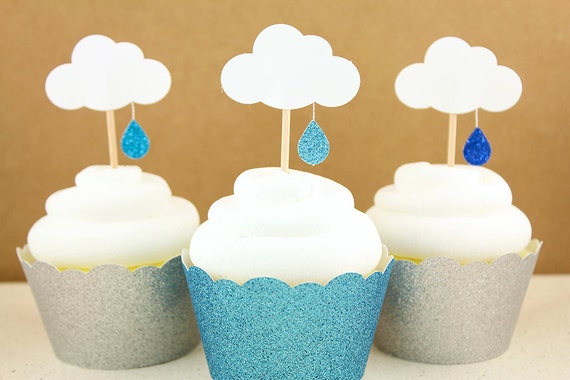 Baby Shower Birthday Cloud Glitter Cup cake Toppers