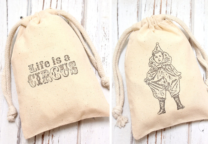 Vintage Circus Muslin Favor Bags Set of 12 mix and match Baby Shower favors, birthday favors, weddings image 1