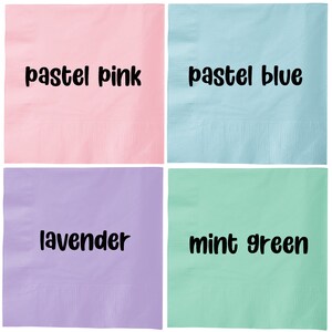 May include: Four square napkins in pastel colors. The napkins are labeled "pastel pink", "pastel blue", "lavender", and "mint green".
