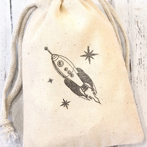 Space Rocket Party Favor bags -  set of 10 - 4x6 muslin bags - goodie bags, thank you, boys birthday