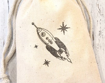 Space Rocket Party Favor Bags - Set of 10 Hand Stamped Muslin Goodie Bags