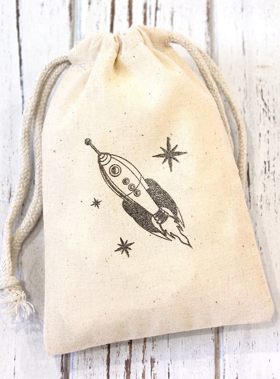 Space Rocket Party Favor Bags Set of 10 4x6 Muslin Bags Goodie