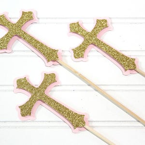 Pink/Gold glitter Cross Centerpiece Sticks (SET OF 3)- Baptism decorations, first communion, Christening