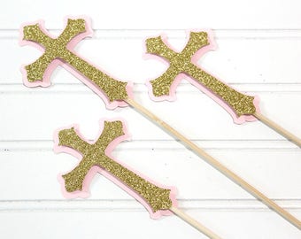 Pink/Gold glitter Cross Centerpiece Sticks (SET OF 3)- Baptism decorations, first communion, Christening