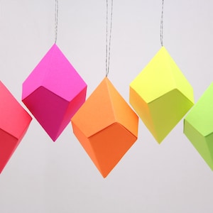 Geometric Paper Gem Ornaments - Trapezohedron - Neon Bright Rainbow - Set of 8 -  template, pattern, DIY, origami