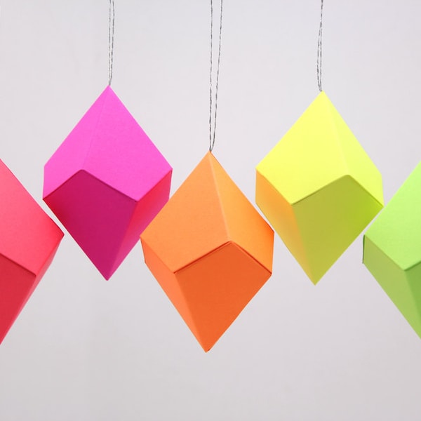 Geometric Paper Gem Ornaments - Trapezohedron - Neon Bright Rainbow - Set of 8 -  template, pattern, DIY, origami