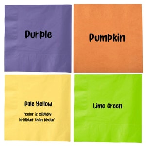 May include: Four square napkins in different colors: purple, pumpkin orange, pale yellow, and lime green. The napkins have text printed on them, including "Purple", "Pumpkin", "Pale Yellow", and "Lime Green".