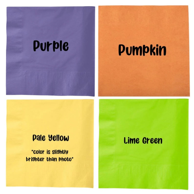 May include: Four square napkins in different colors: purple, pumpkin orange, pale yellow, and lime green. The napkins have text printed on them, including "Purple", "Pumpkin", "Pale Yellow", and "Lime Green".
