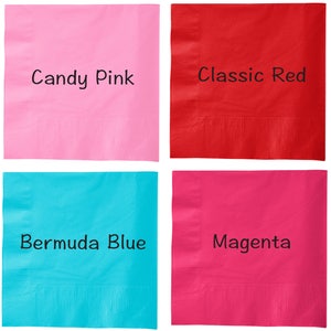 May include: Four square napkins in different colors: candy pink, classic red, bermuda blue, and magenta.