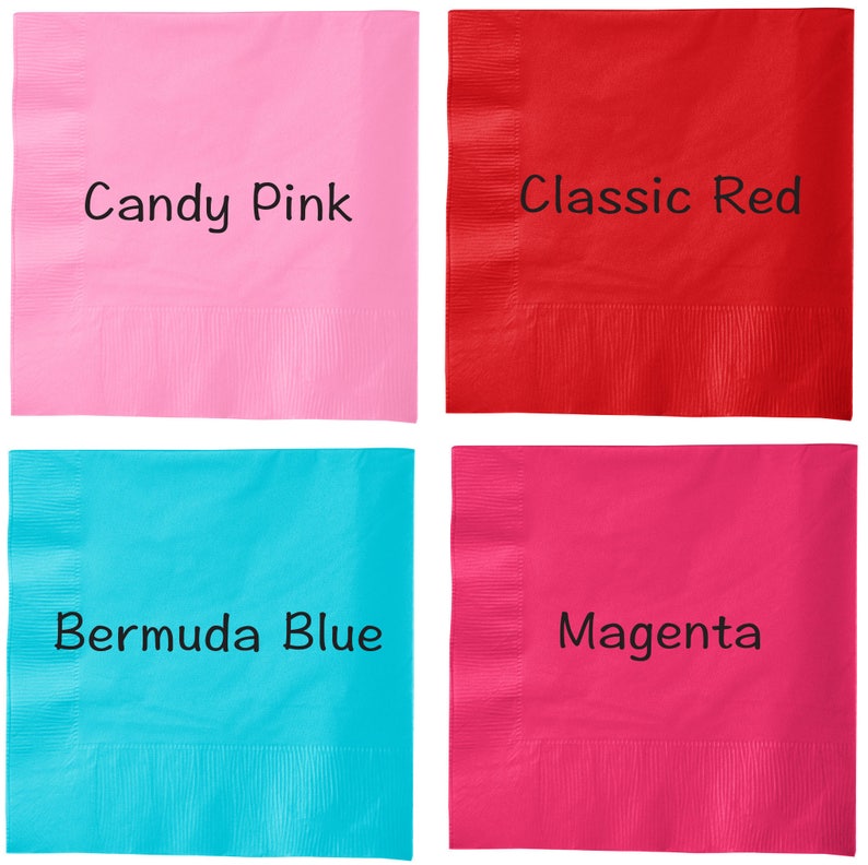 May include: Four square napkins in different colors: candy pink, classic red, bermuda blue, and magenta.