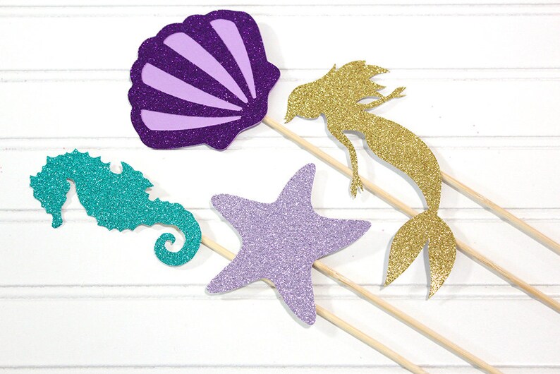 Mermaid tails and Seashells Glitter Centerpiece Sticks Under the sea Set of 4 image 2