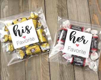 Wedding Favor Labels - His/Her Favorite, Our Favorite - Set of 20 (10 His & 10 her) - 2" round or square labels  - cellophane bags available